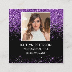 Elegant Purple Glitter Photo QR Code Black Square Business Card