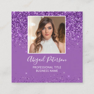 Elegant Purple Glitter Photo QR Code  Square Business Card