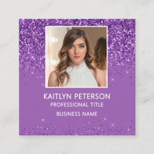 Elegant Purple Glitter Photo QR Code  Square Business Card