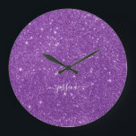 Elegant purple glitter script name   large clock<br><div class="desc">Modern wall clock with a girly purple glitter background design and a hand lettered white script. Personalise with your name.</div>