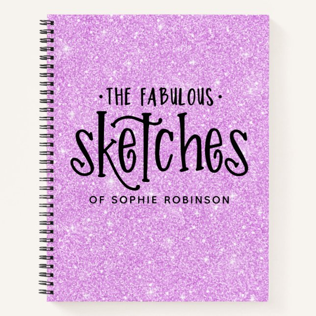 Elegant Purple Glitter Sketchbook with Name Notebook (Front)