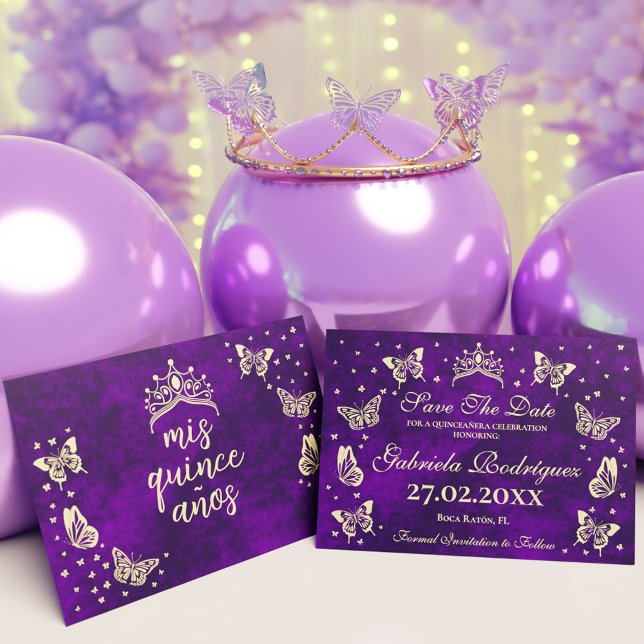Elegant Purple Gold 15th Birthday Quinceañera Save The Date (Elegant Purple Gold 15th Birthday Quinceañera Save The Date)