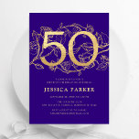 Elegant Purple Gold 50th Birthday Invitation<br><div class="desc">Elegant purple gold 50th birthday party invitation. Customisable modern feminine design featuring roses botanical accents and faux glitter gold. Simple floral invite card perfect for a stylish female bday celebration. Personalise with your own details. Printed Zazzle invitations or instant download digital printable template.</div>