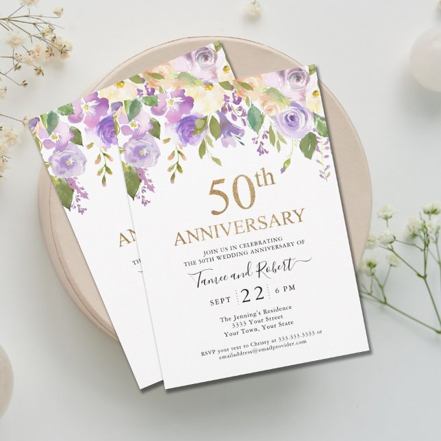 Elegant Purple Gold 50th Wedding Invitation (Creator Uploaded)