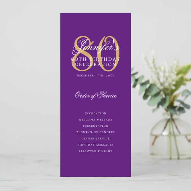 Elegant Purple Gold 80th Birthday Program + Menu Invitation (Standing Front)