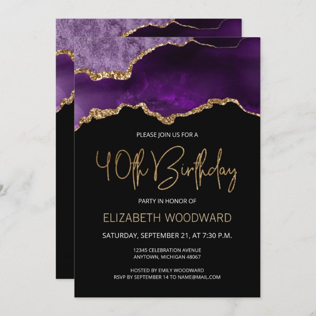 Elegant Purple Gold Agate 40th Birthday Invitation (Front/Back)
