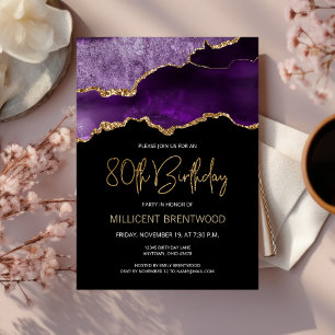 Elegant Purple Gold Agate 80th Birthday Invitation