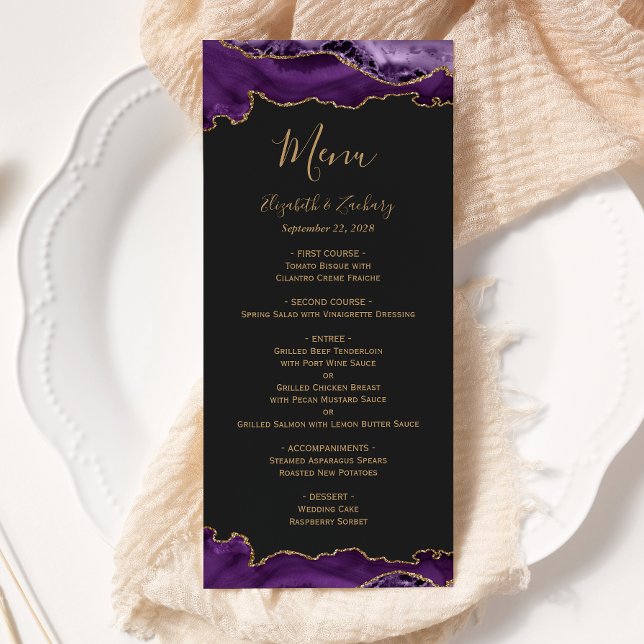Elegant Purple Gold Agate Dark Wedding Menu (Creator Uploaded)
