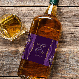 Elegant Purple Gold Agate Plum Wedding Liquor Bottle Label