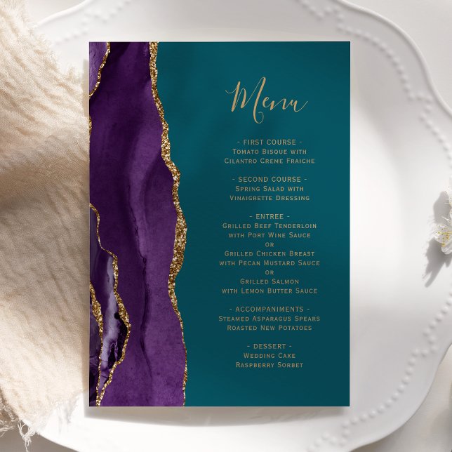 Elegant Purple Gold Agate Teal Wedding Menu (Creator Uploaded)
