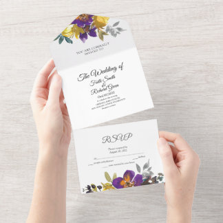 Elegant Purple Gold all in One Wedding Invitation