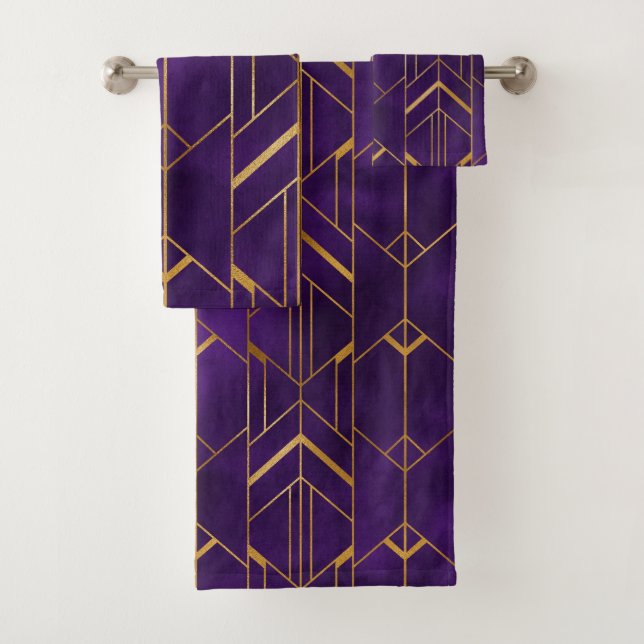 Elegant Purple Gold Art Deco Pattern Design Bath Towel Set (Insitu)