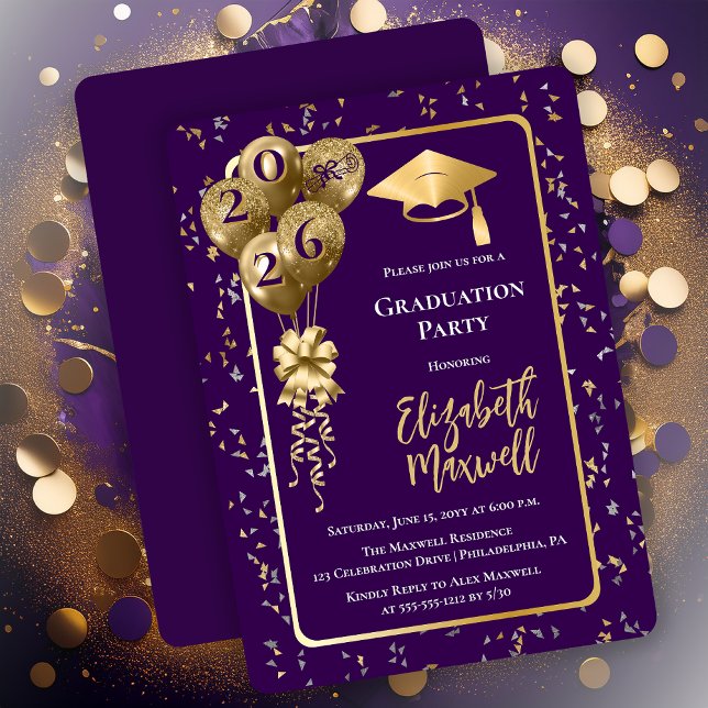 Elegant Purple Gold Balloons Graduation Party Invitation (Elegant Purple and Gold Tone Graduation Party Invitation Balloons and Confetti - Print | Digital)
