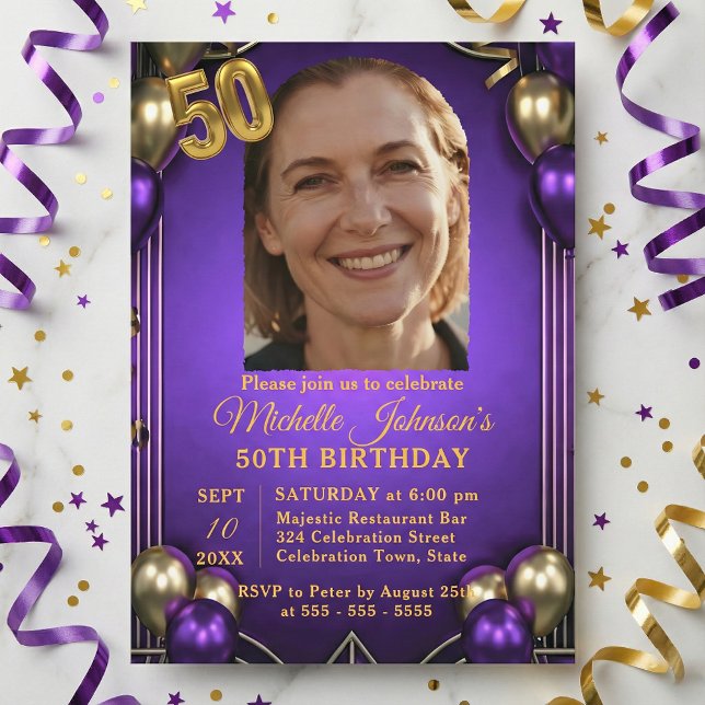 Elegant Purple & Gold Balloons Photo 50th Birthday Invitation (Creator Uploaded)