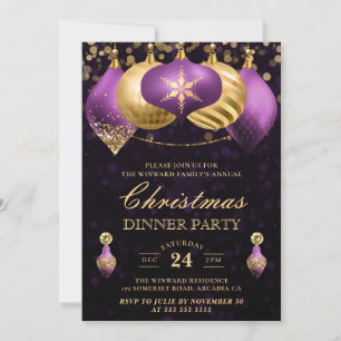 Elegant Purple & Gold Baubles Christmas Dinner Invitation
