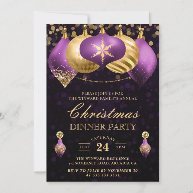 Elegant Purple & Gold Baubles Christmas Dinner Invitation (Front)