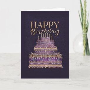Elegant Purple & Gold Birthday Cake Card
