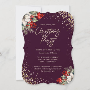Elegant Purple Gold Botanical Christmas Party Invitation