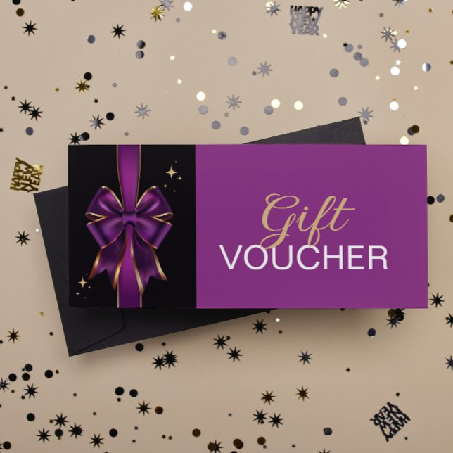 Elegant Purple & Gold Bow Gift Voucher | Discount Rack Card (Creator Uploaded)