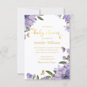 Elegant Purple Gold Butterfly Floral Baby Shower Invitation