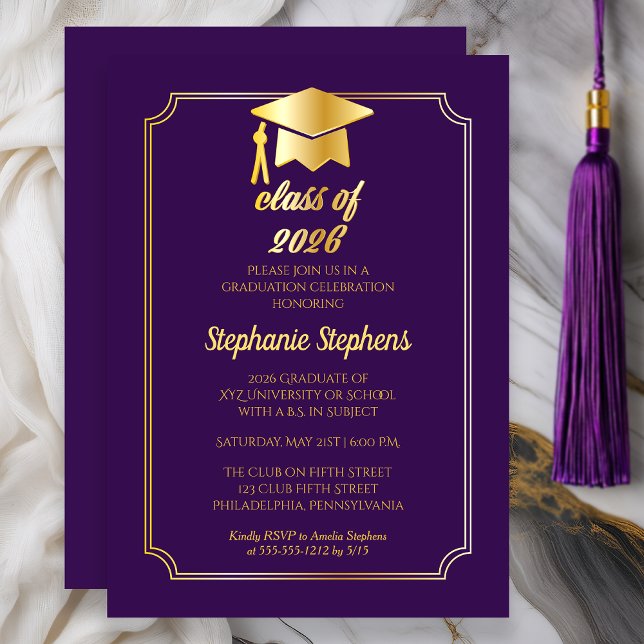 Elegant Purple | Gold Cap College Graduation Party Invitation (Class of 2026 Elegant Purple Gold College Graduation Party)