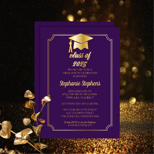 Elegant Purple   Gold Cap College Graduation Party Invitation