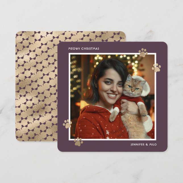 Elegant Purple Gold Cat Owner Photo Meowy Holiday Card (Front/Back)