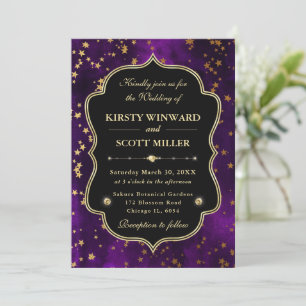 Elegant Purple  & Gold Celestial Starry Wedding Invitation