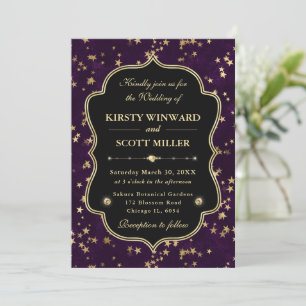 Elegant Purple & Gold Celestial Starry Wedding Invitation