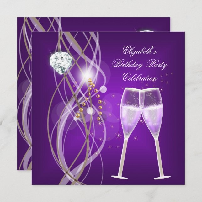 Elegant Purple Gold Champagne Diamond Party Invitation (Front/Back)