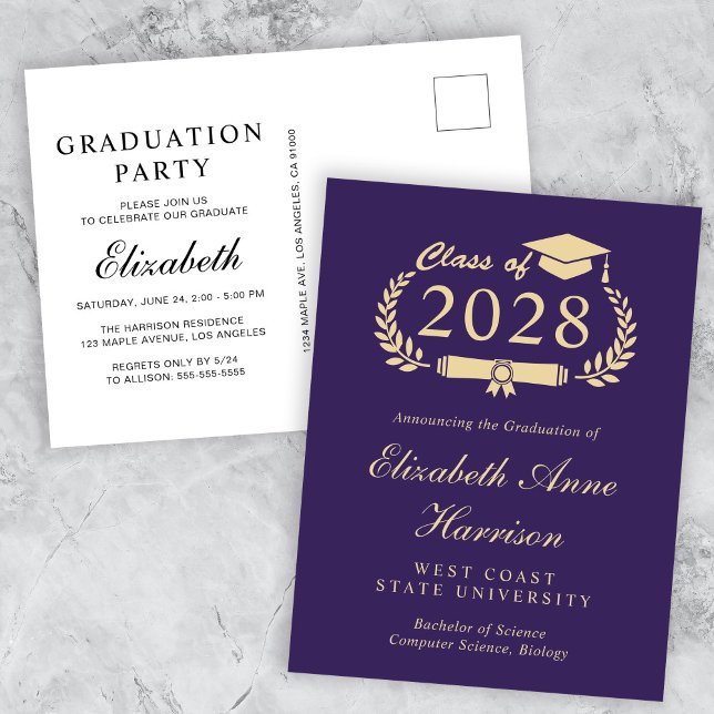 Elegant Purple Gold College Graduation Party Invitation Postcard (Creator Uploaded)