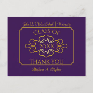 Elegant Purple   Gold College Graduation Thank You Postcard