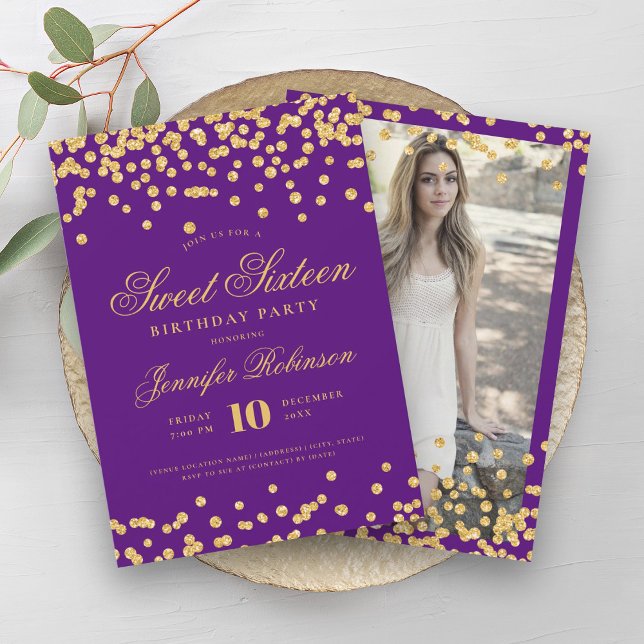 Elegant Purple Gold Confetti Photo Sweet 16   Invitation (Elegant Purple Gold Confetti Photo Sweet 16 Invitation)