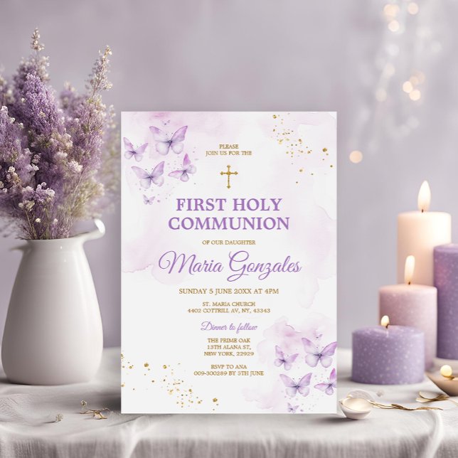 Elegant Purple & Gold Cross First Holy Communion Invitation (Creator Uploaded)