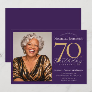 Elegant Purple Gold Custom Photo 70th Birthday Invitation