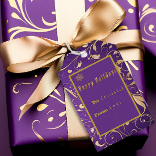 Elegant Purple & Gold Damask 'Happy Holidays'  Gift Tags