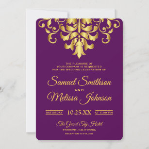 Elegant Purple Gold Damask Wedding Invitation