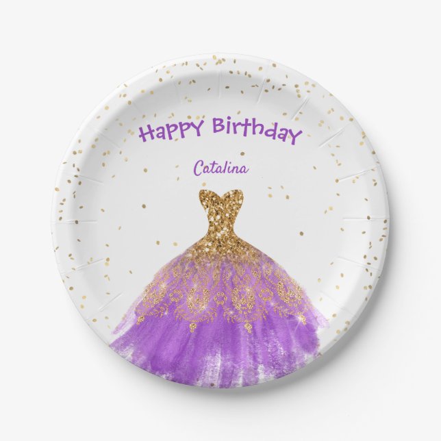 Elegant Purple Gold Dress Birthday Paper Plate (Front)