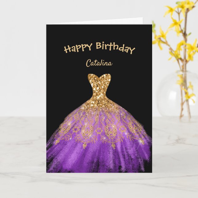 Elegant Purple Gold Dress Black Birthday Card (Yellow Flower)
