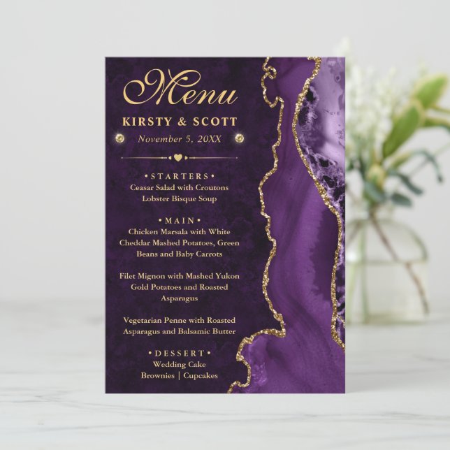 Elegant Purple & Gold Faux Glitter Agate Wedding Menu (Standing Front)