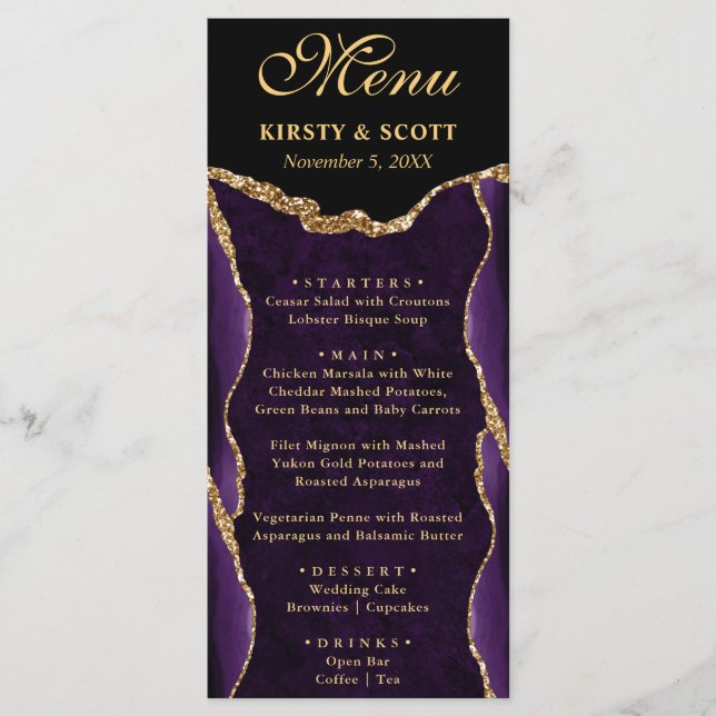 Elegant Purple & Gold Faux Glitter Agate Wedding Menu (Front)