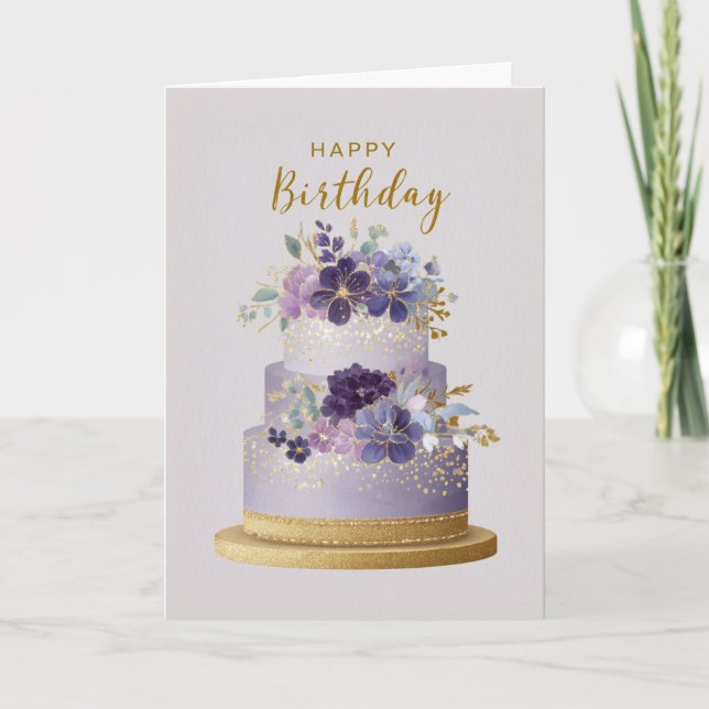 Elegant Purple & Gold Floral Birthday Cake Card (Front)