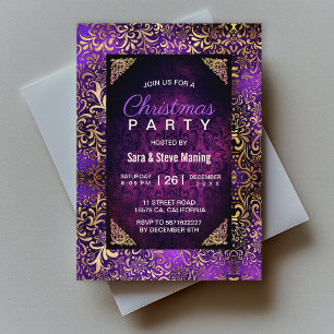 Elegant Purple Gold Floral Damask Christmas Invitation