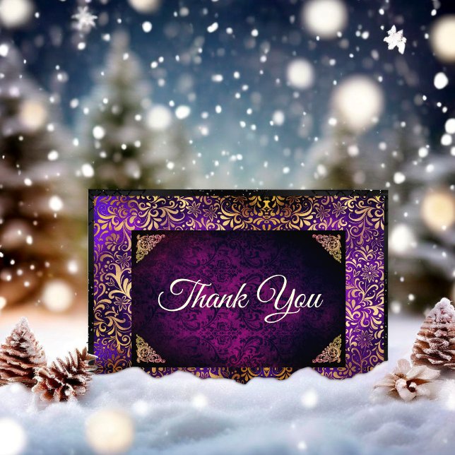 Elegant purple gold floral damask monogram thank you card (Creator Uploaded)