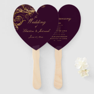 Elegant Purple Gold Floral Damask Script Wedding Hand Fan