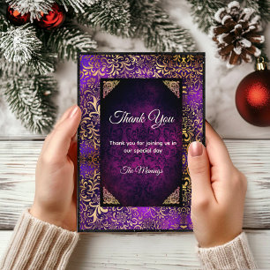 Elegant purple gold floral damask Thank you  Card
