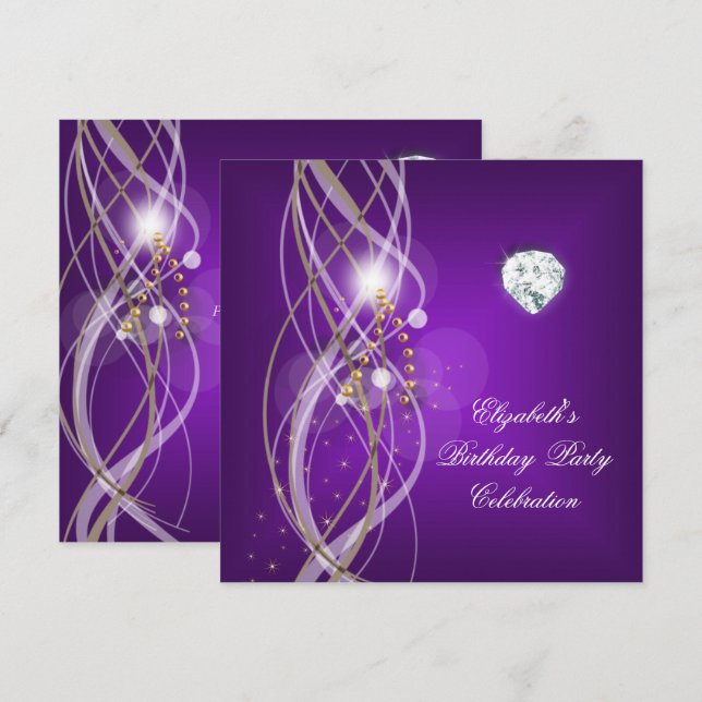 Elegant Purple Gold Floral Diamond Birthday Party Invitation (Front/Back)