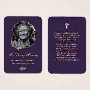 Elegant Purple Gold Floral Funeral Prayer Card