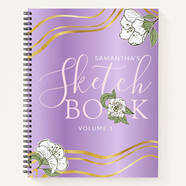 Elegant Purple Gold Floral Girly Sketchbook Notebook (Front)