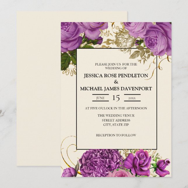 Elegant Purple Gold Floral Ivory Wedding Invite (Front/Back)